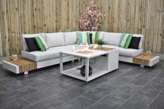 Athene Aluminium Loungeset Hoekbank Vuurtafel Teak Off White Spiegelbeeld SHOWROOMMODEL