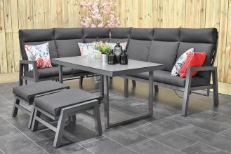 Atletico Verstelbare Aluminium Loungeset Hoekbank Hoge Tafel met Hockers Dark Grey LENTE AANBIEDING