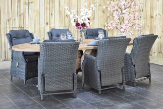 Balok Ovale Tafel 240 Teak Natural met 6 Darwin Dining Verstelbare Tuinstoelen Rock Grey
