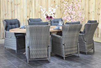 Balok Ovale Tafel 240 Teak Natural met 6 Barcelona Dining Verstelbare Tuinstoelen Kobo Grey SHOWROOMMODEL