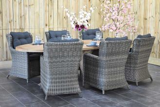 Balok Ovale Tafel 240 Teak Natural met 6 Delano Dining Tuinstoelen Kobo Grey