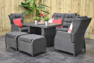 Barcelona Verstelbare Loungeset 2 Zitsbank 2 Lounge Tuinstoelen Hoge Tafel Spraystone met Hockers Rock Grey SHOWROOMMODEL