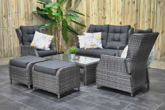 Barcelona Verstelbare Loungeset 2 Zitsbank 2 Lounge Tuinstoelen Lage Tafel met Hockers Kobo Grey LENTE AANBIEDING