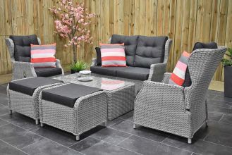 Barcelona Verstelbare Loungeset 2 Zitsbank 2 Lounge Tuinstoelen Lage Tafel met Hockers Light Kobo Grey LENTE AANBIEDING