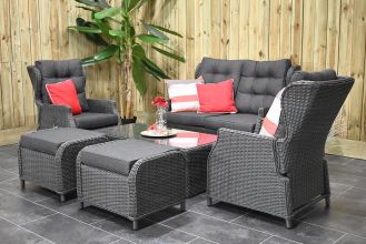 Barcelona Verstelbare Loungeset 2 Zitsbank 2 Lounge Tuinstoelen Lage Tafel met Hockers Rock Grey SHOWROOMMODEL