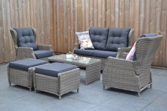 Barcelona Verstelbare Loungeset 2 Zitsbank 2 Lounge Tuinstoelen Lage Tafel met Hockers Kobo Grey SHOWROOMMODEL