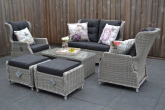 Barcelona Verstelbare Loungeset 2 Zitsbank 2 Lounge Tuinstoelen Lage Tafel met Hockers Light Kobo Grey SHOWROOMMODEL