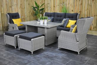 Barcelona Verstelbare Loungeset 3 Zitsbank 2 Lounge Tuinstoelen Hoge Tafel met Hockers Light Kobo Grey SHOWROOMMODEL