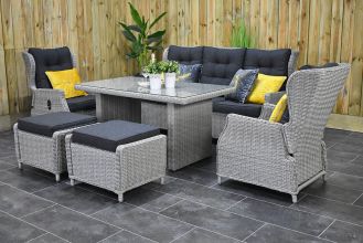 Barcelona Verstelbare Loungeset 3 Zitsbank 2 Lounge Tuinstoelen Hoge Tafel met Hockers Light Kobo Grey SHOWROOMMODEL