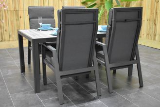 Bergamo Aluminium Tafel 165 met 4 Birmingham Verstelbare Dining Tuinstoelen Dark Grey WINTER AANBIEDING