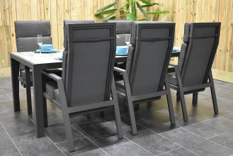 Bergamo Aluminium Tafel 225 met 6 Birmingham Verstelbare Dining Tuinstoelen Dark Grey WINTER AANBIEDING