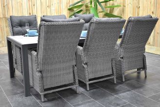 Bergamo Tafel 225 Dark Grey met 6 Marling Verstelbare Dining Tuinstoelen Natural Grey WINTER AANBIEDING