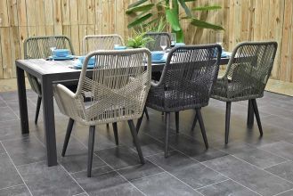 Bergamo Tafel 225 Dark Grey met 6 Villenova Rope Dining Tuinstoelen Anthracite, Faded Sand en Olive Green WINTER AANBIEDING