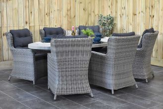 Bixley Ovale Tafel 240 Vintage Antique Grey met 6 Delano Dining Tuinstoelen Natural Grey SHOWROOMMODEL