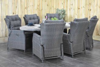 Bixley Ovale Tafel 240 Vintage Antique Grey met 6 Barcelona Verstelbare Dining Tuinstoelen Rock Grey