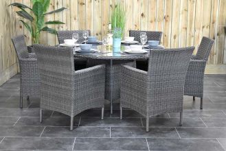Brasil Ronde Tafel 150 met 6 Aruba Dining Tuinstoelen Dark Grey SHOWROOMMODEL