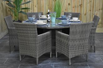 Brasil Ronde Tafel 150 met 6 Aruba Dining Tuinstoelen Kobo Grey SHOWROOMMODEL