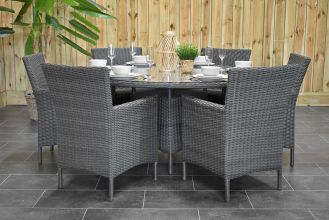 Brasil Ronde Tafel 150 met 6 Aruba Dining Tuinstoelen Rock Grey LENTE AANBIEDING