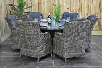 Brasil Ronde Tafel 150 met 6 Darwin Dining Tuinstoelen Kobo Grey SHOWROOMMODEL