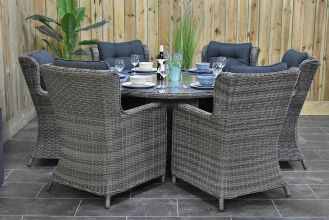 Brasil Ronde Tafel 150 met 6 Delano Dining Tuinstoelen Kobo Grey SHOWROOMMODEL