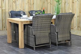 Cancun Tafel 180 Vintage Light Teak Look met 4 Darwin Verstelbare Dining Tuinstoelen Kobo Grey