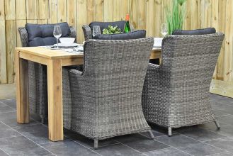 Cancun Tafel 180 Vintage Light Teak Look met 4 Delano Dining Tuinstoelen Natural Grey SHOWROOMMODEL
