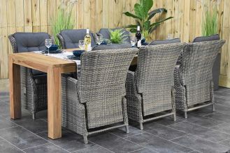 Cancun Tafel 240 Teak Natural met 6 Darwin Verstelbare Dining Tuinstoelen Kobo Grey SHOWROOMMODEL