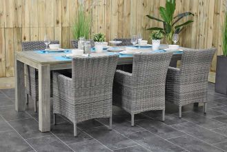 Cancun Tafel 240 Vintage Antique Grey met 6 Aruba Dining Tuinstoelen Natural Grey SHOWROOMMODEL