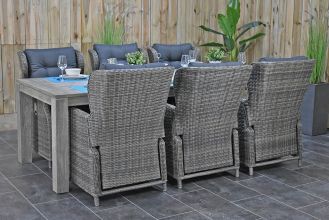 Cancun Tafel 240 Vintage Antique Grey met 6 Barcelona Verstelbare Dining Tuinstoelen Kobo Grey SHOWROOMMODEL