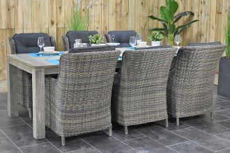 Cancun Tafel 240 Vintage Antique Grey met 6 Darwin Dining Tuinstoelen Kobo Grey SHOWROOMMODEL