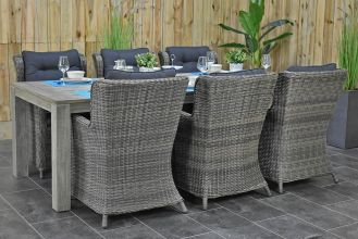 Cancun Tafel 240 Vintage Antique Grey met 6 Delano Dining Tuinstoelen Kobo Grey SHOWROOMMODEL