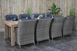 Cancun Tafel 300 Teak Natural met 8 Darwin Dining Tuinstoelen Kobo Grey