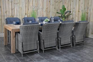 Cancun Tafel 300 Teak Natural met 8 Darwin Verstelbare Dining Tuinstoelen Kobo Grey