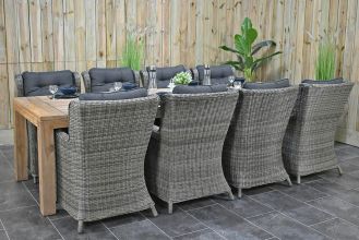 Cancun Tafel 300 Teak Natural met 8 Delano Dining Tuinstoelen Kobo Grey