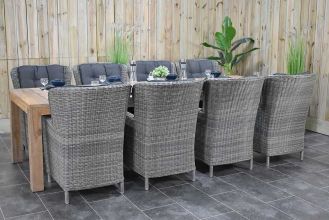 Cancun Tafel 300 Teak Natural met 8 Marina Dining Tuinstoelen Kobo Grey