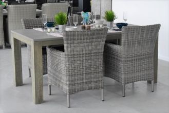 Cancun Tafel 180 Polystone Vintage Antique Grey met 4 Aruba Dining Tuinstoelen Natural Grey
