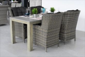 Cancun Tafel 180 Polystone Vintage Antique Grey met 4 Marina Dining Tuinstoelen Kobo Grey