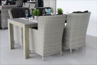 Cancun Tafel 180 Polystone Vintage Antique Grey met 4 Marina Dining Tuinstoelen Light Kobo Grey