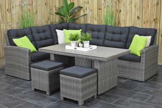 Denver Loungeset Hoekbank Hoge Tafel Polywood met Krukjes Natural Grey LENTE AANBIEDING