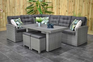 Denver Loungeset Hoekbank Hoge Tafel Spraystone met Krukjes Natural Grey WINTER AANBIEDING
