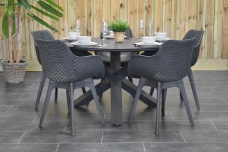 Firenze Ronde Tafel 130 Kermamisch Dark Grey met 5 Tronto Kunststof Dining Tuinstoel Anthracite SHOWROOMMODEL