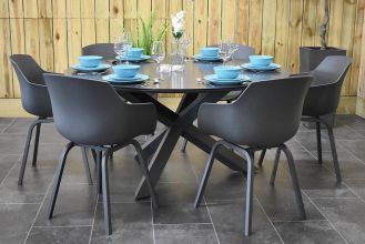 Firenze Ronde Tafel 150 Keramischblad Dark Grey met 6 Bristol Aluminium Kunststof Dining Tuinstoelen Anthracite SHOWROOMMODEL