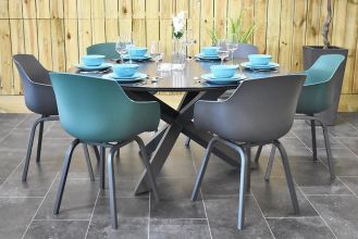 Firenze Ronde Tafel 150 Keramischblad Dark Grey met 6 Bristol Aluminium Kunststof Dining Tuinstoelen Anthracite en Green SHOWROOMMODEL