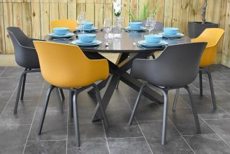Firenze Ronde Tafel 150 Keramischblad Dark Grey met 6 Bristol Aluminium Kunststof Dining Tuinstoelen Anthracite en Yellow SHOWROOMMODEL