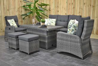 Florida Verstelbare Loungeset 3 Zitsbank 2 Lounge Tuinstoelen Hoog / Laag Tafel Spraystone met Krukjes Kobo Grey SHOWROOMMODEL