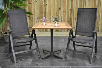 Inklapbare Tafel 80 x 80 cm Viertkant met Teakhoutenblad met 2 Verona Verstelbare Aluminium Standenstoelen Inklapbaar Dark Grey