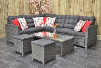 Las Palmas Loungeset Hoekbank Lage Tafel met Krukjes Dark Grey LENTE AANBIEDING