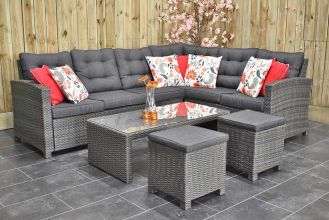 Las Palmas Loungeset Hoekbank Lage Tafel met Krukjes Spiegelbeeld Dark Grey WINTER AANBIEDING