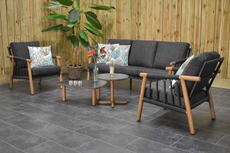 Lindos Aluminium Rope Houtlook Loungeset 3 Zitsbank 2 Lounge Tuinstoelen met 2 Lage Tafels Black