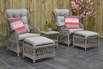 Lucca Verstelbare Loungeset 2 Lounge Tuinstoelen Laag Tafeltje met Hockers Faded Sand Brown